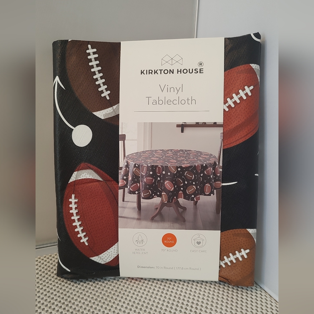 Kirkton House Vinyl Tablecloth 70" Round Brown/Black Football NWT